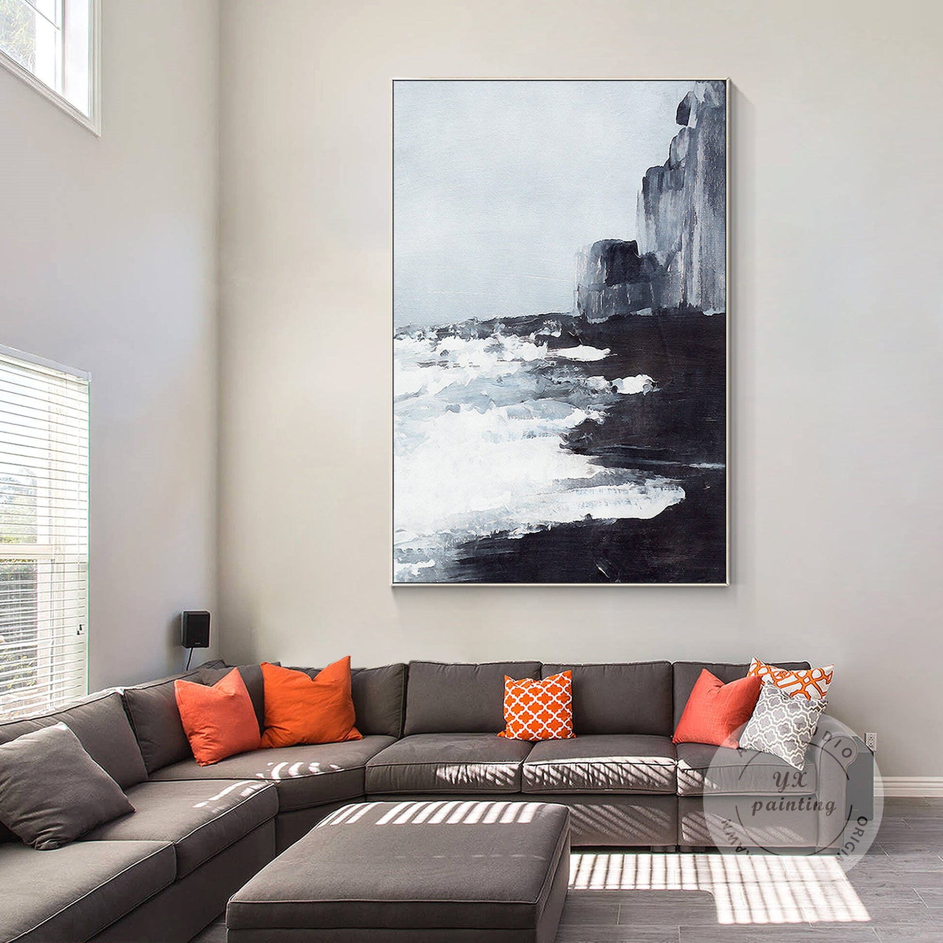 Black and White Abstract Seascape Painting: Extra Large Framed Canvas Wall Art #4