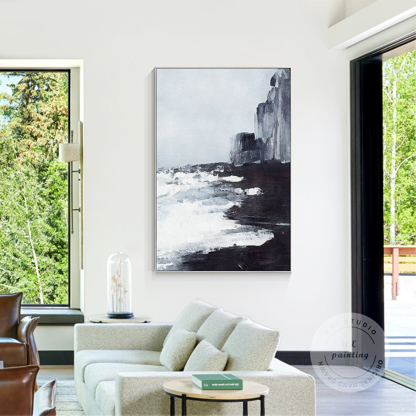 Black and White Abstract Seascape Painting: Extra Large Framed Canvas Wall Art #5