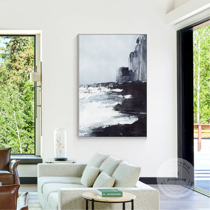 Black and White Abstract Seascape Painting: Extra Large Framed Canvas Wall Art #5