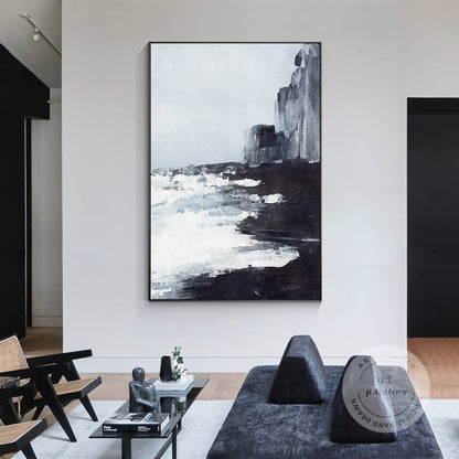 Black and White Abstract Seascape Painting: Extra Large Framed Canvas Wall Art #1