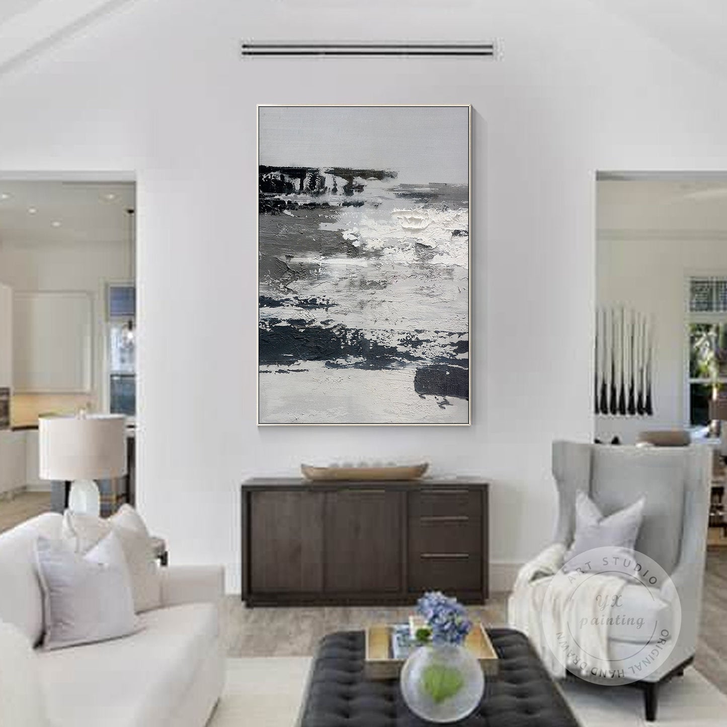 Black and White Abstract Texture Painting: Extra Large Framed Canvas Art #3