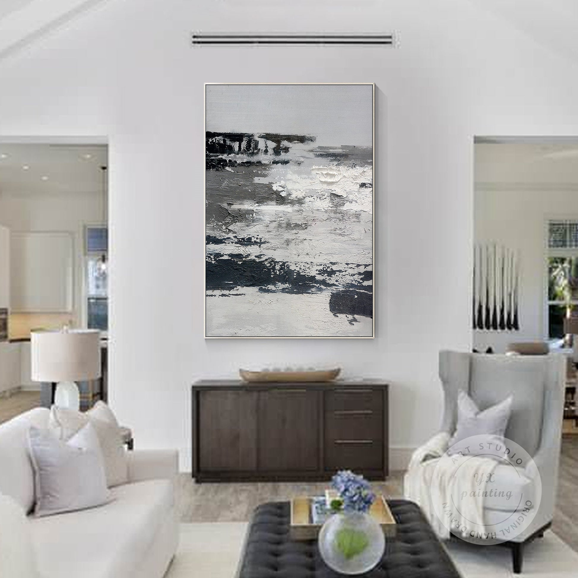 Black and White Abstract Texture Painting: Extra Large Framed Canvas Art #3