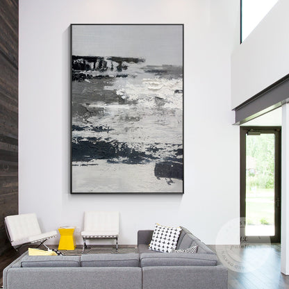 Black and White Abstract Texture Painting: Extra Large Framed Canvas Art #1