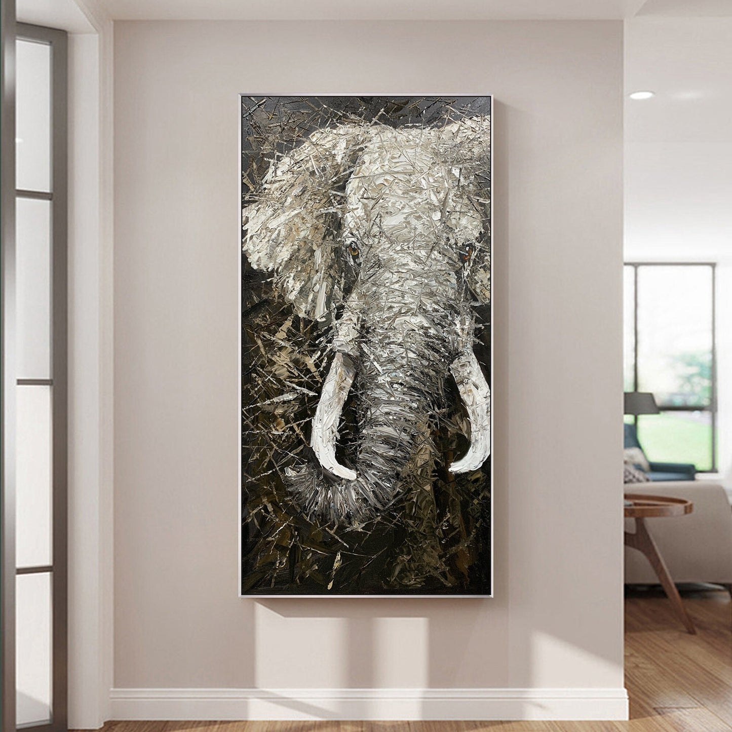 Black and White Elephant Painting on Canvas: Large Vertical Wall Art #2