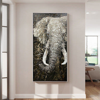 Black and White Elephant Painting on Canvas: Large Vertical Wall Art #2