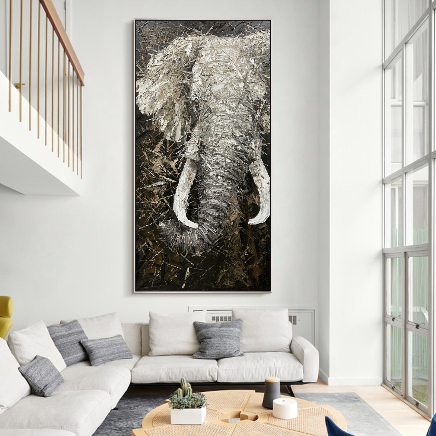 Black and White Elephant Painting on Canvas: Large Vertical Wall Art #3