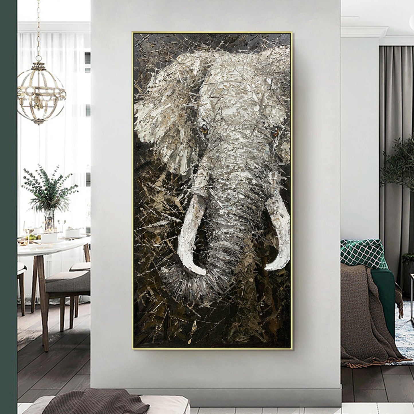 Black and White Elephant Painting on Canvas: Large Vertical Wall Art #4