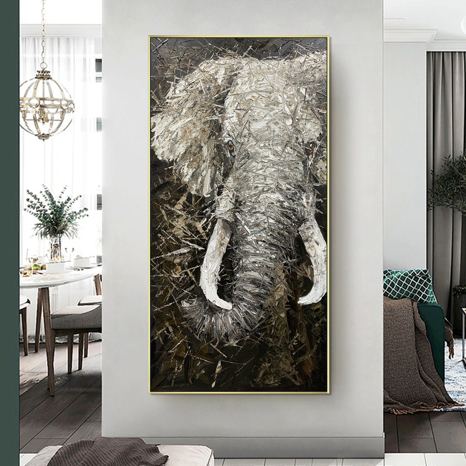 Black and White Elephant Painting on Canvas: Large Vertical Wall Art #4