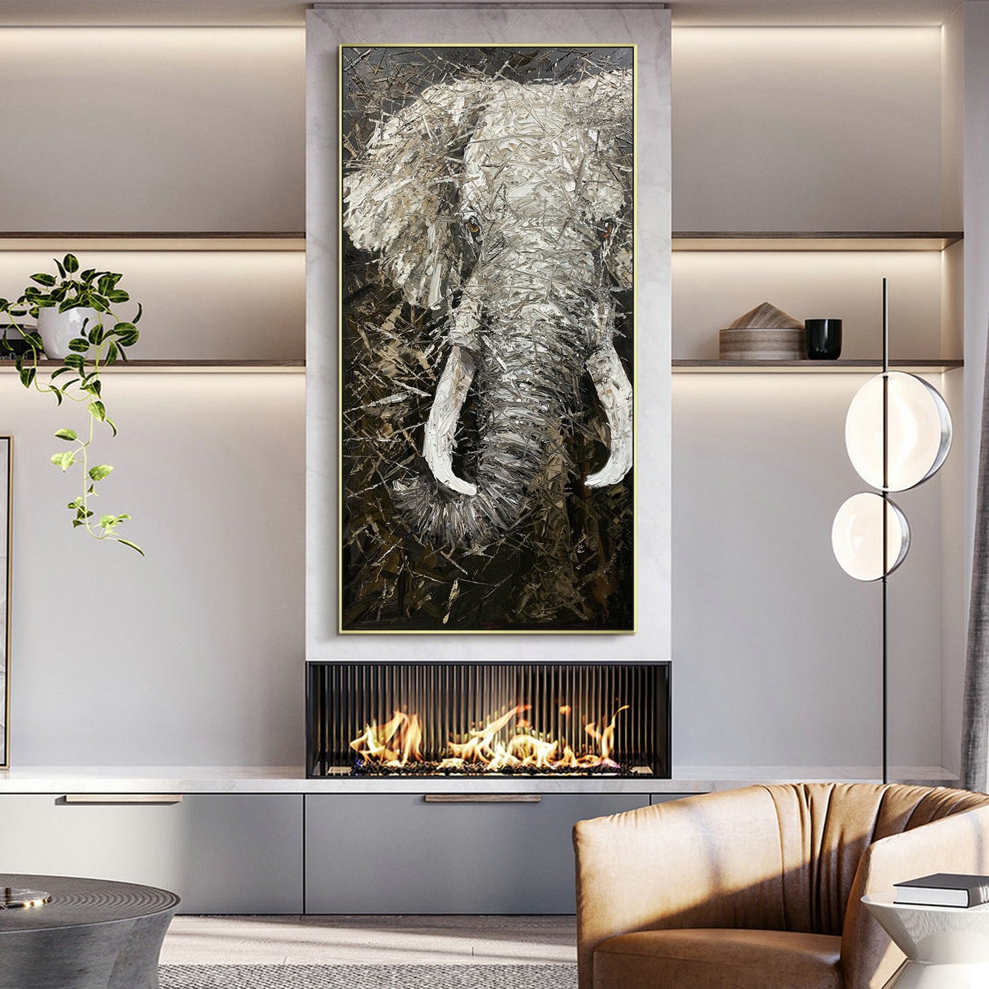 Black and White Elephant Painting on Canvas: Large Vertical Wall Art #5