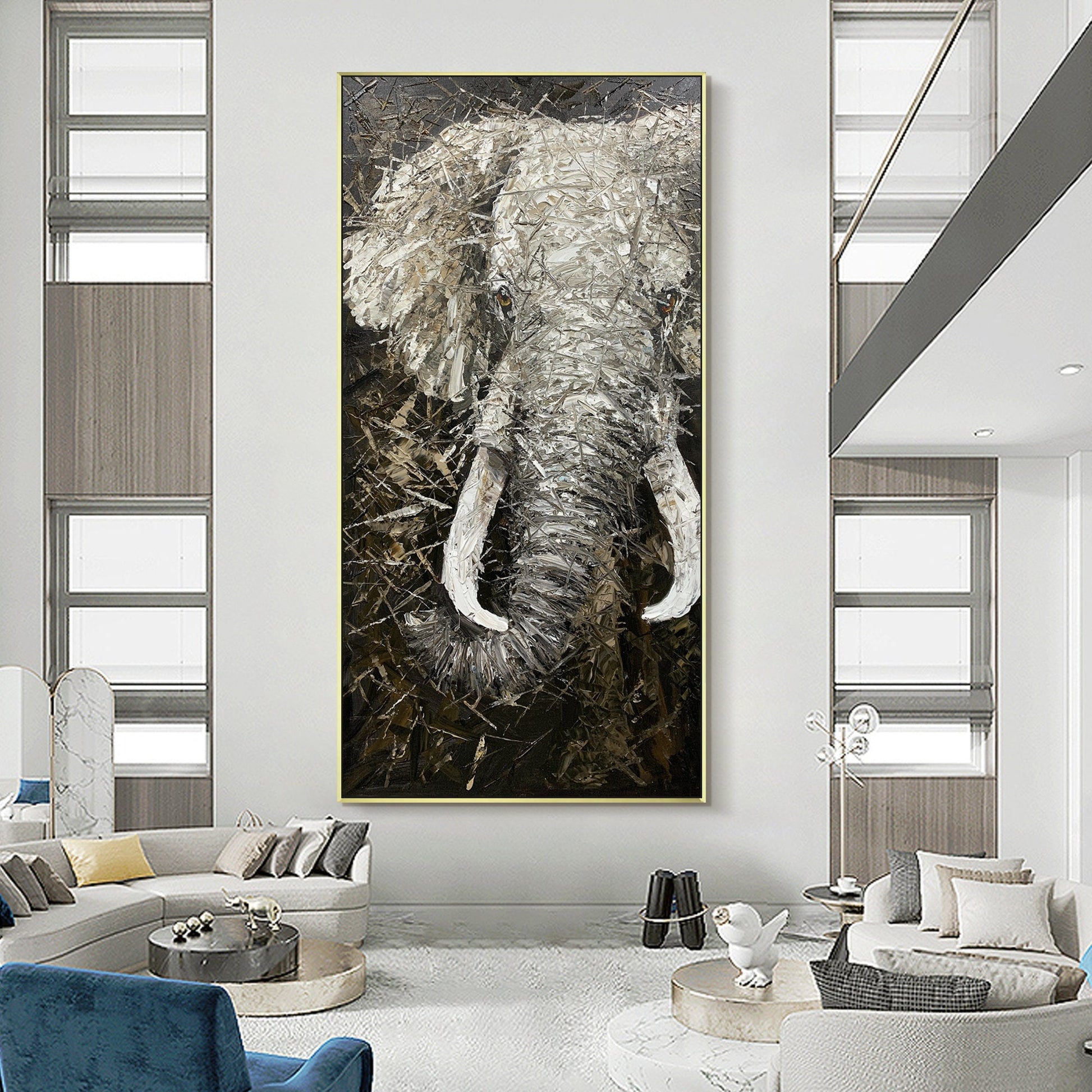 Black and White Elephant Painting on Canvas: Large Vertical Wall Art #1