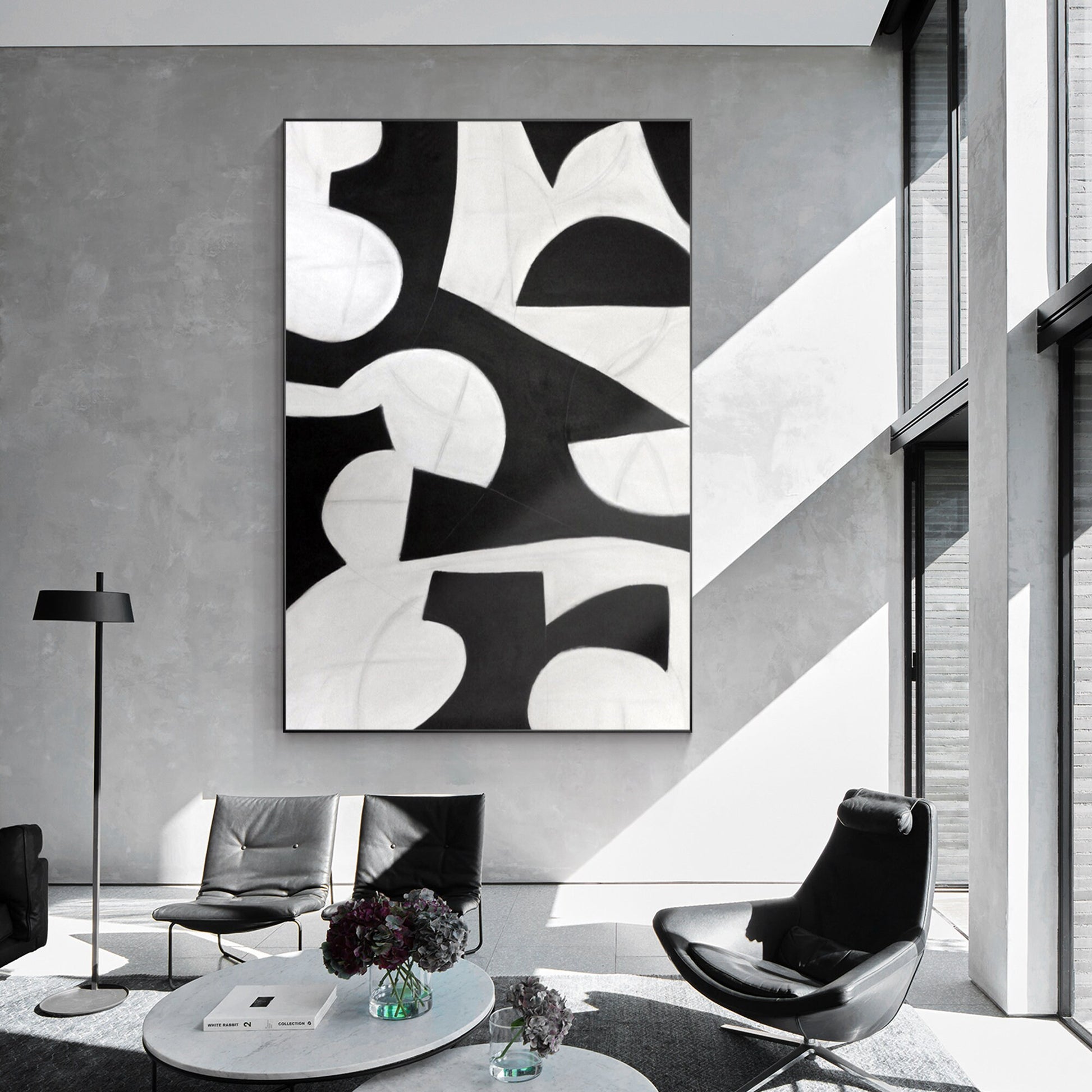 Black and White Geometric Painting: Extra Large Organic Shape Canvas Art #3