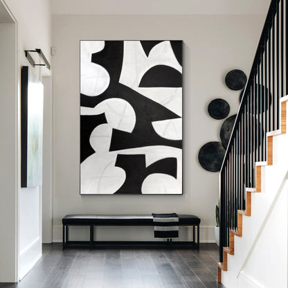 Black and White Geometric Painting: Extra Large Organic Shape Canvas Art #4
