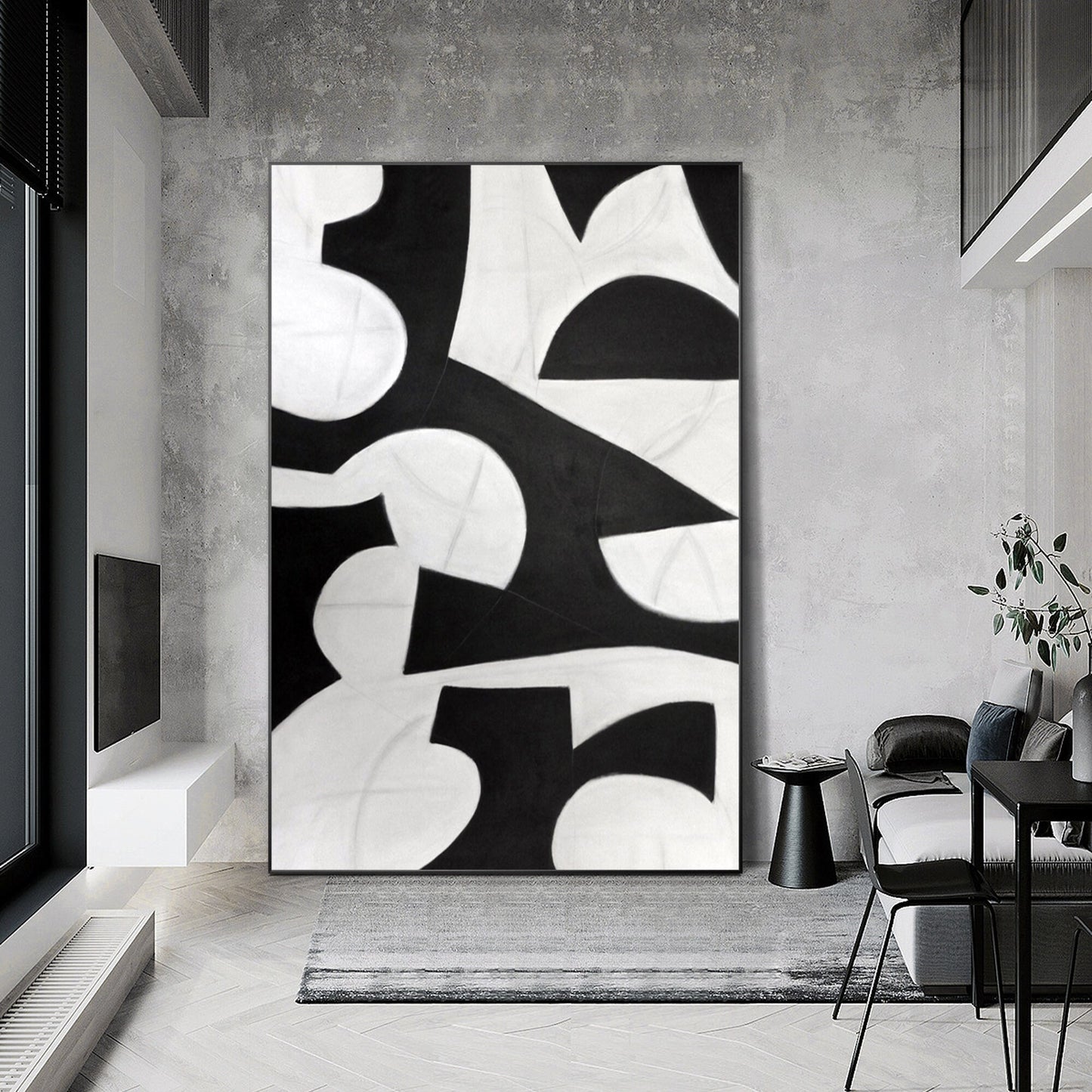 Black and White Geometric Painting: Extra Large Organic Shape Canvas Art #5