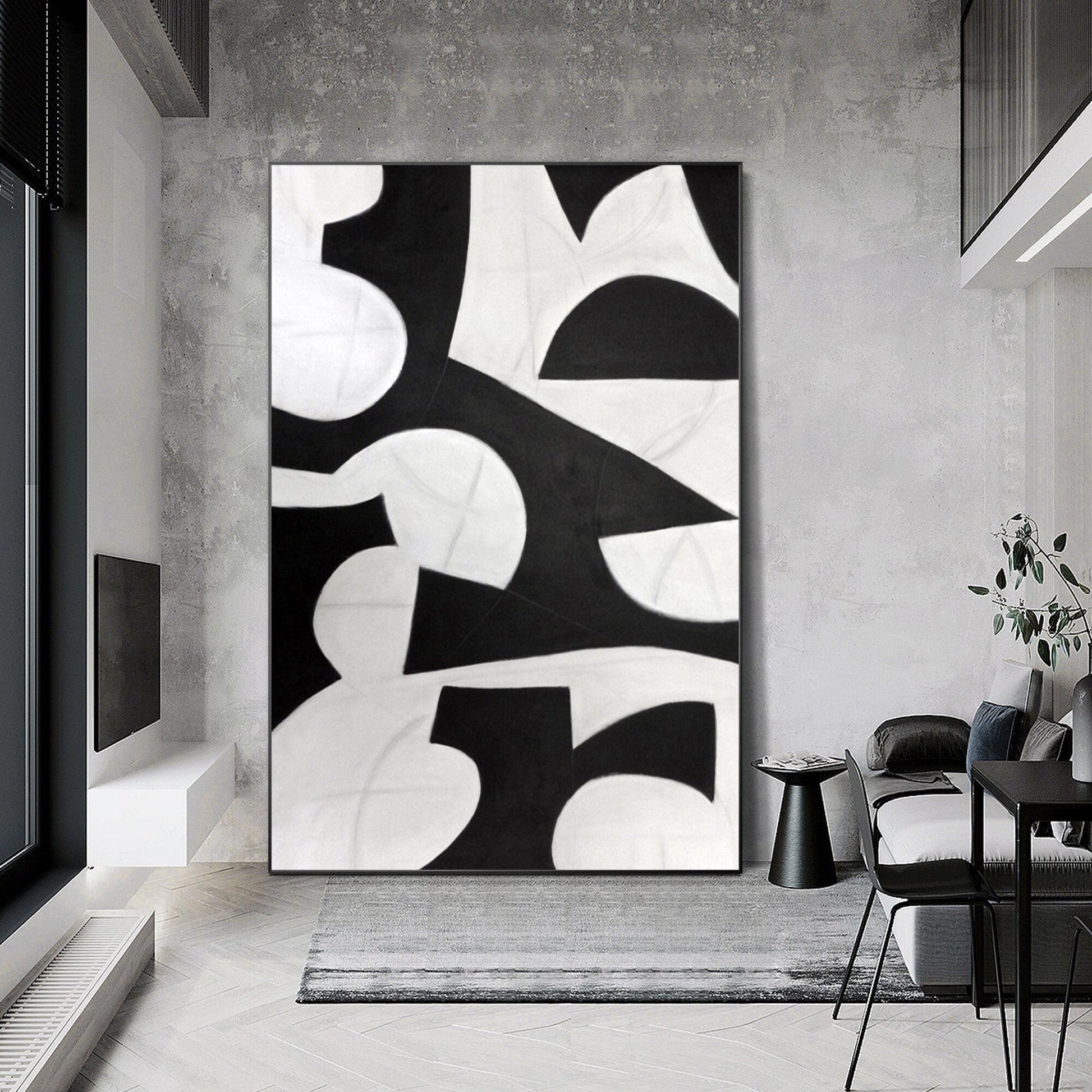 Black and White Geometric Painting: Extra Large Organic Shape Canvas Art #5