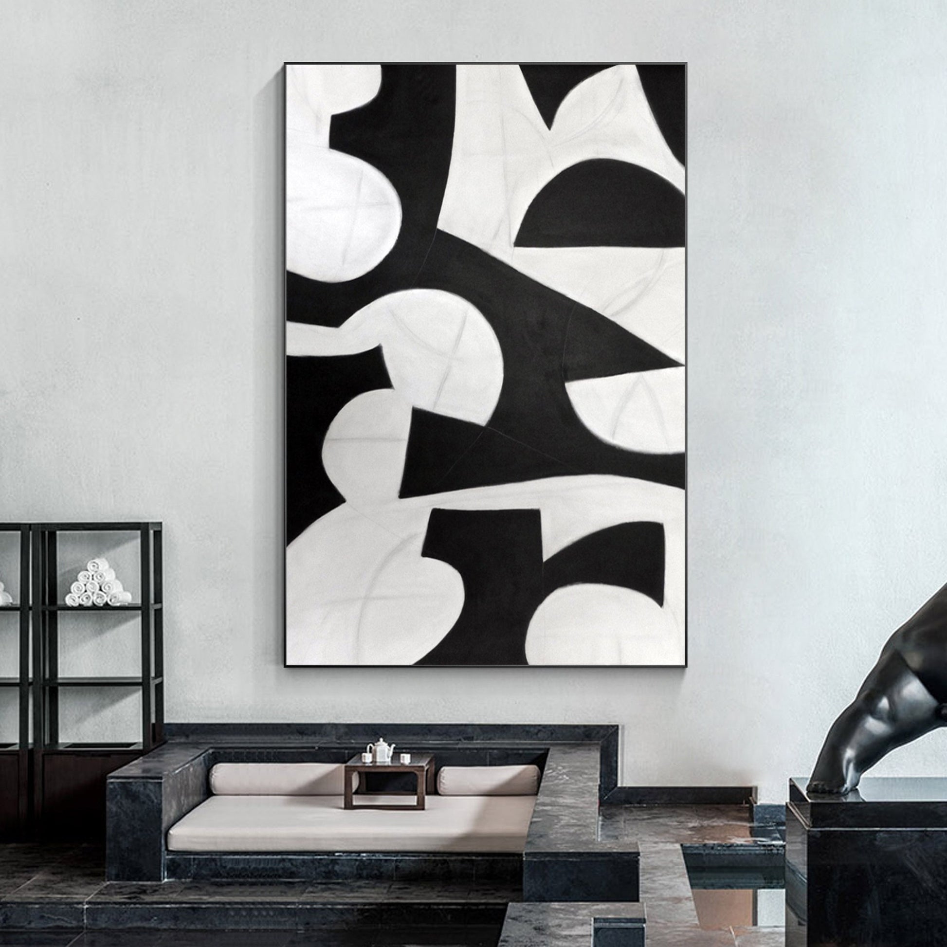 Black and White Geometric Painting: Extra Large Organic Shape Canvas Art #1