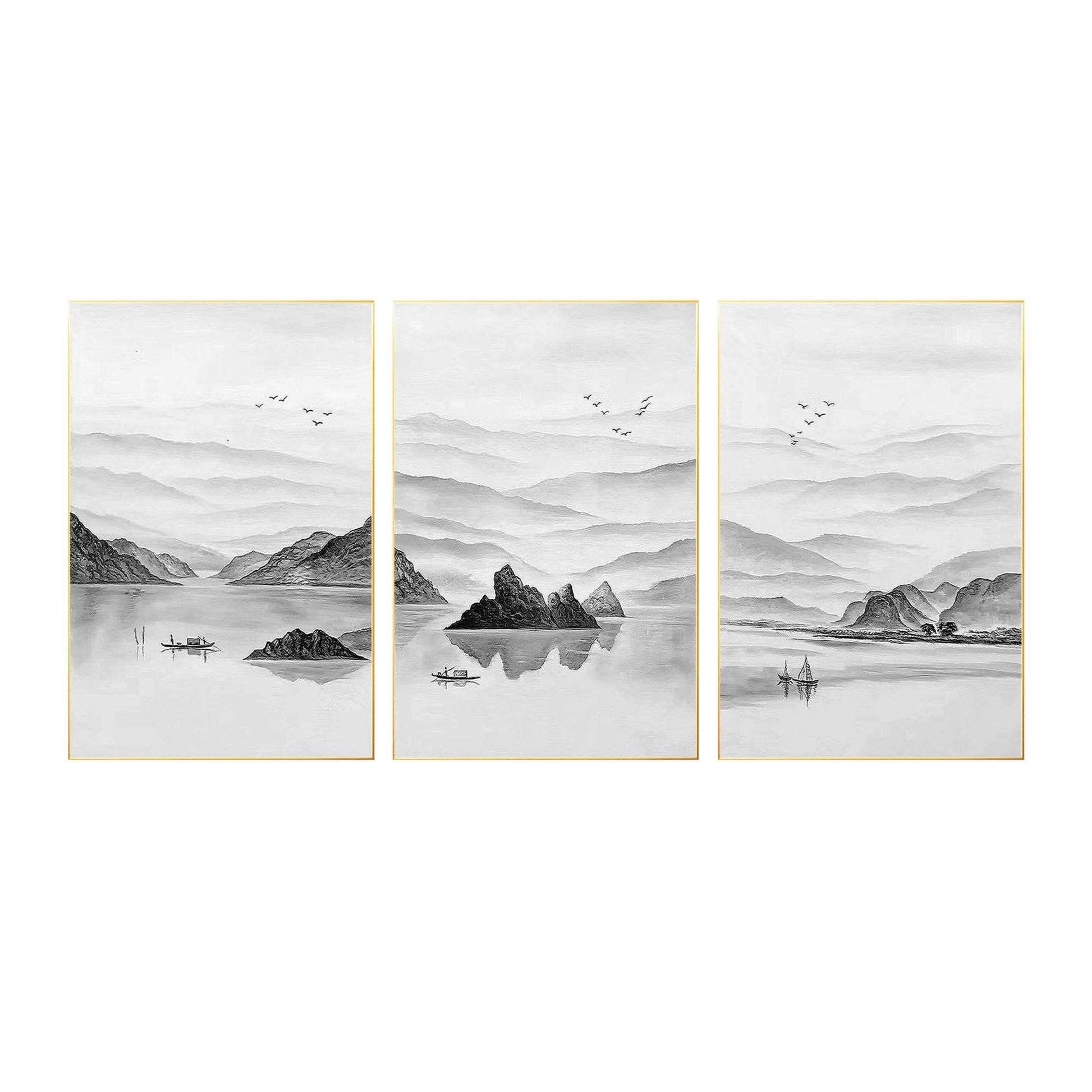 Black and White Mountain Painting Set: Oriental Abstract Canvas Art #7