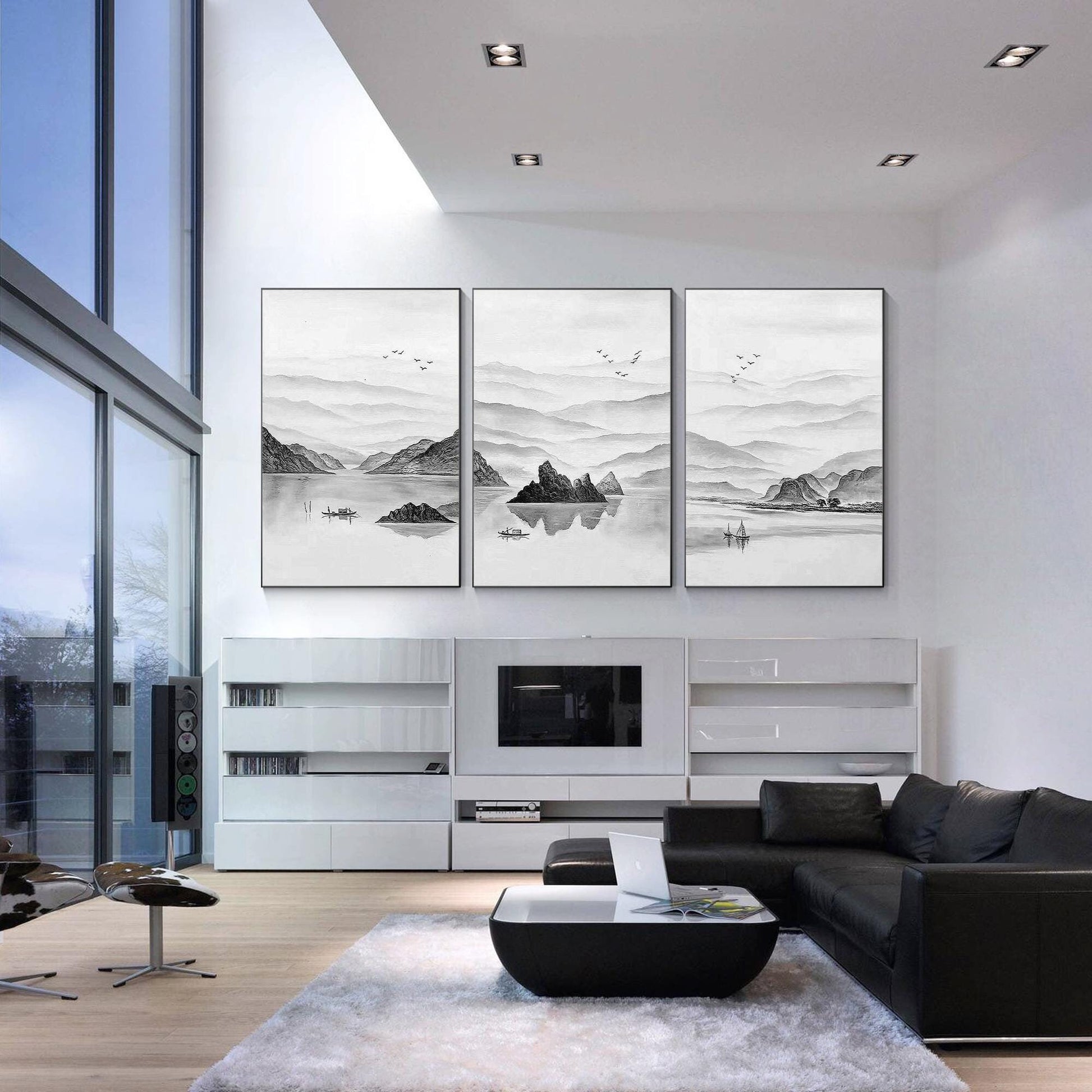 Black and White Mountain Painting Set: Oriental Abstract Canvas Art #1