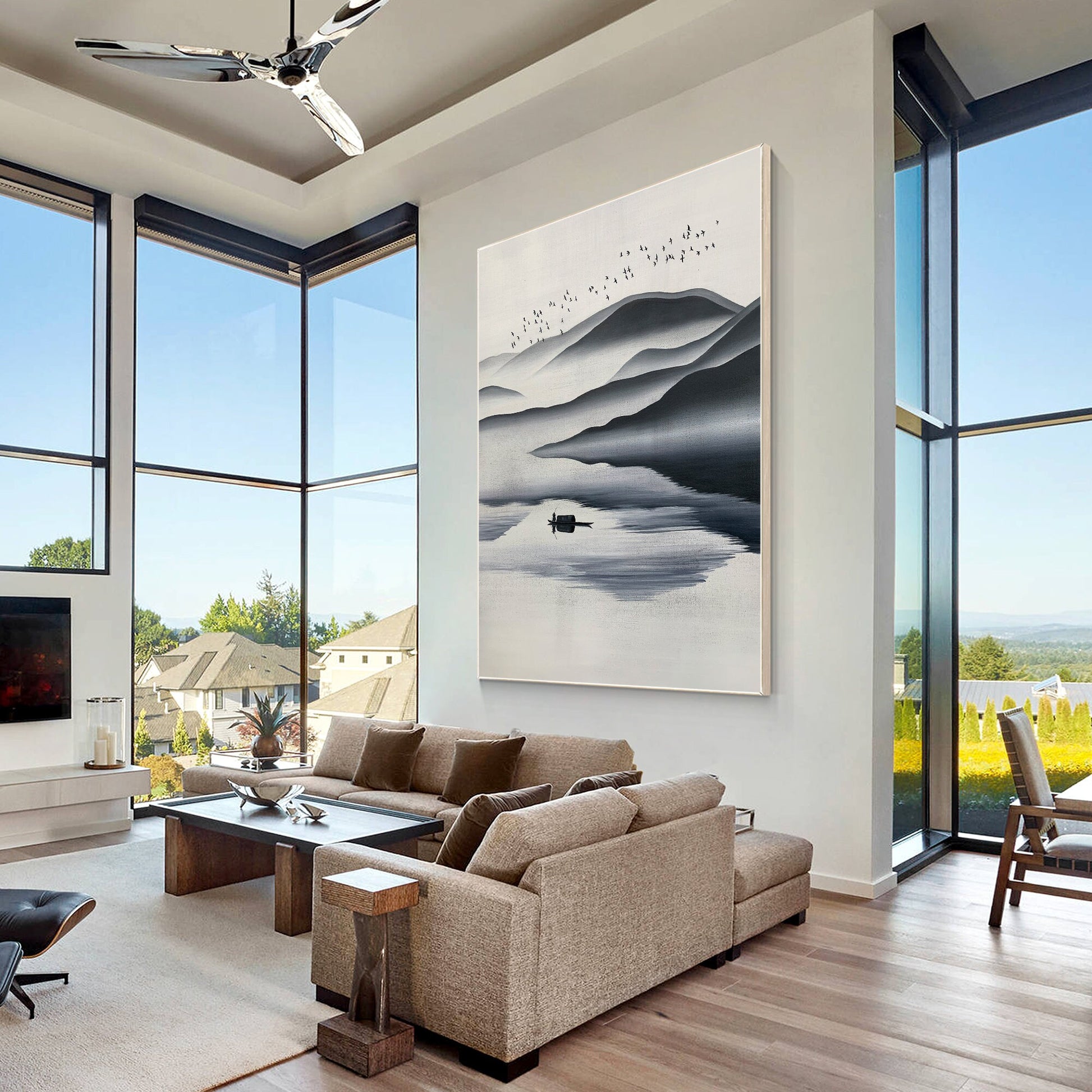 Black and White Watercolor Mountain Painting: Extra Large Canvas Wall Art #2
