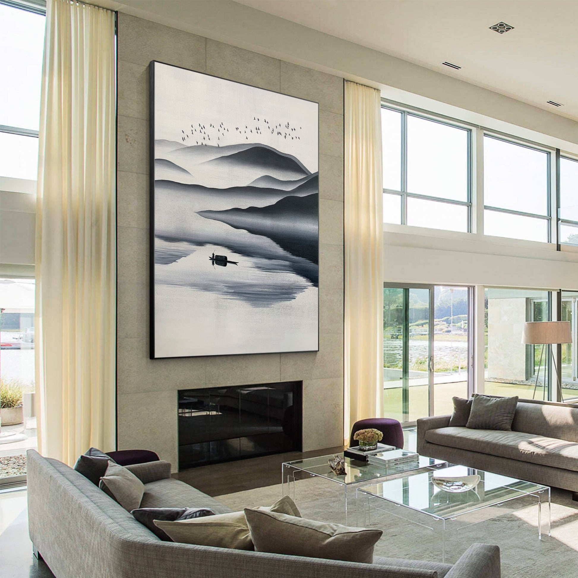 Black and White Watercolor Mountain Painting: Extra Large Canvas Wall Art #3