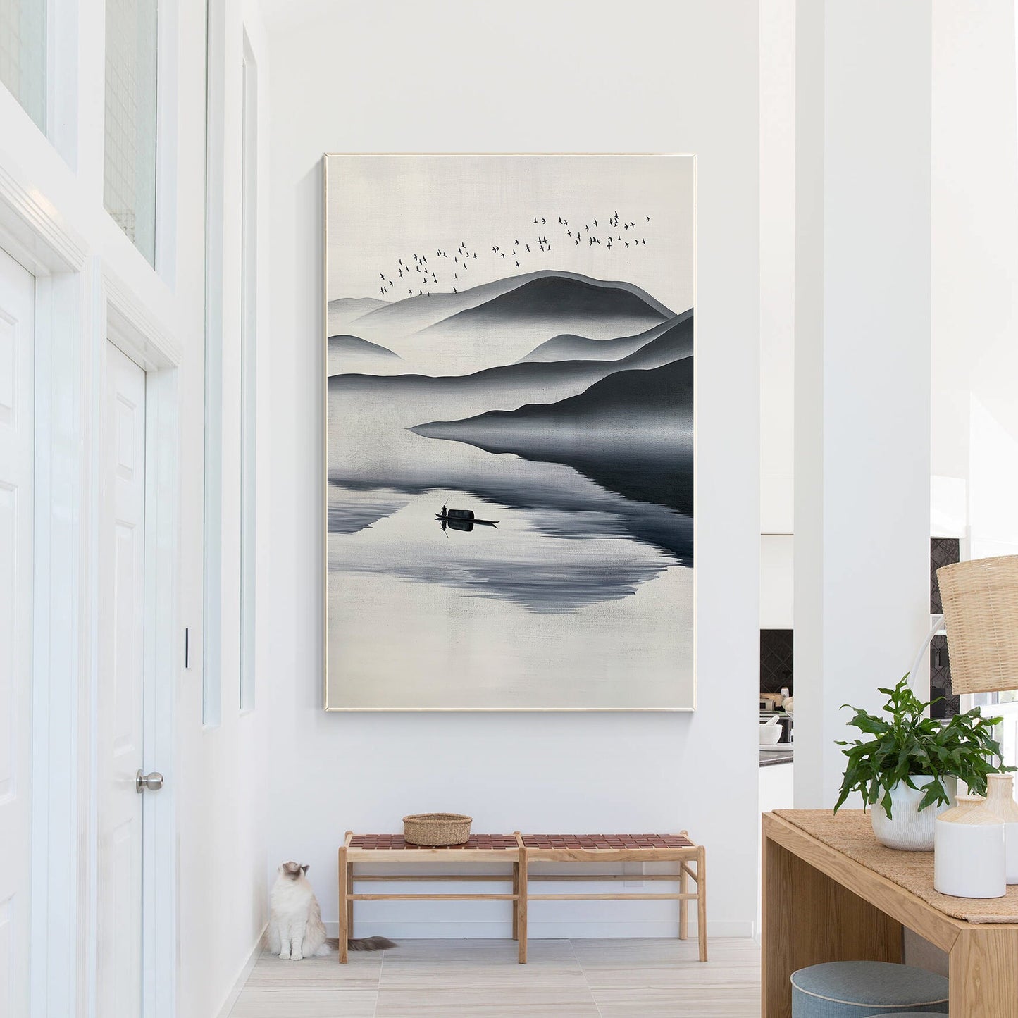 Black and White Watercolor Mountain Painting: Extra Large Canvas Wall Art #4
