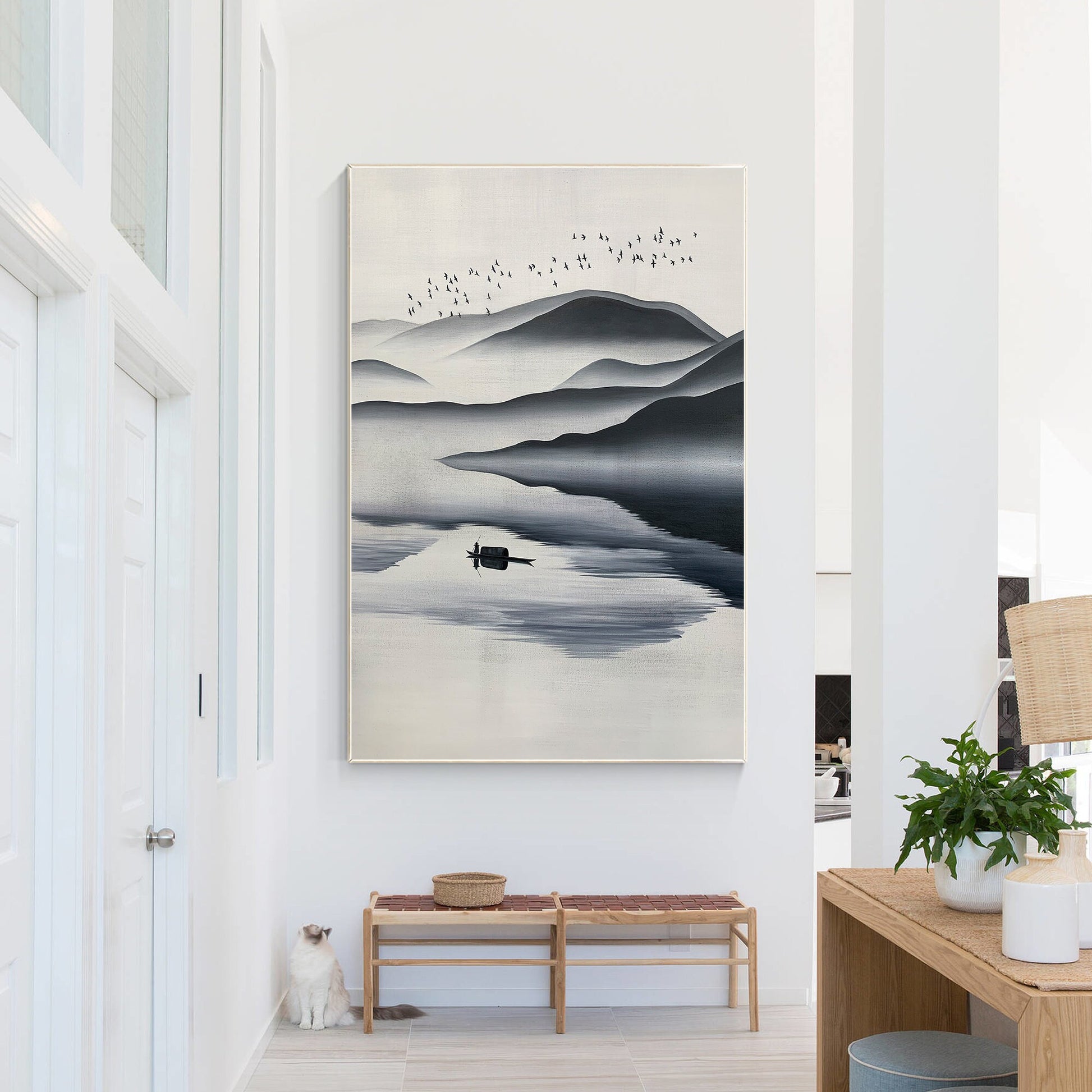 Black and White Watercolor Mountain Painting: Extra Large Canvas Wall Art #4