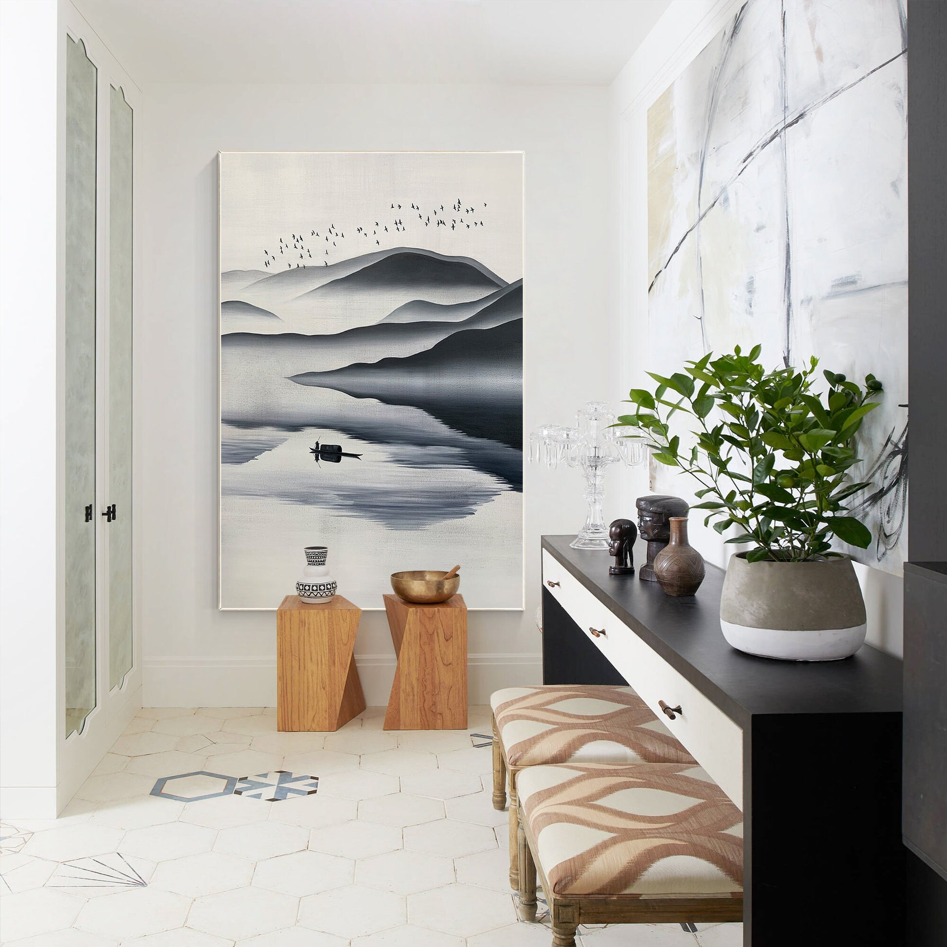 Black and White Watercolor Mountain Painting: Extra Large Canvas Wall Art #5