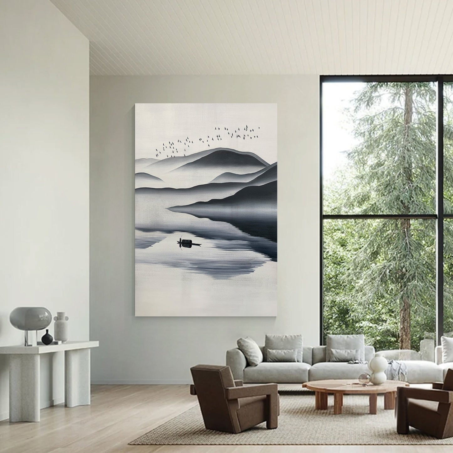 Black and White Watercolor Mountain Painting: Extra Large Canvas Wall Art #1