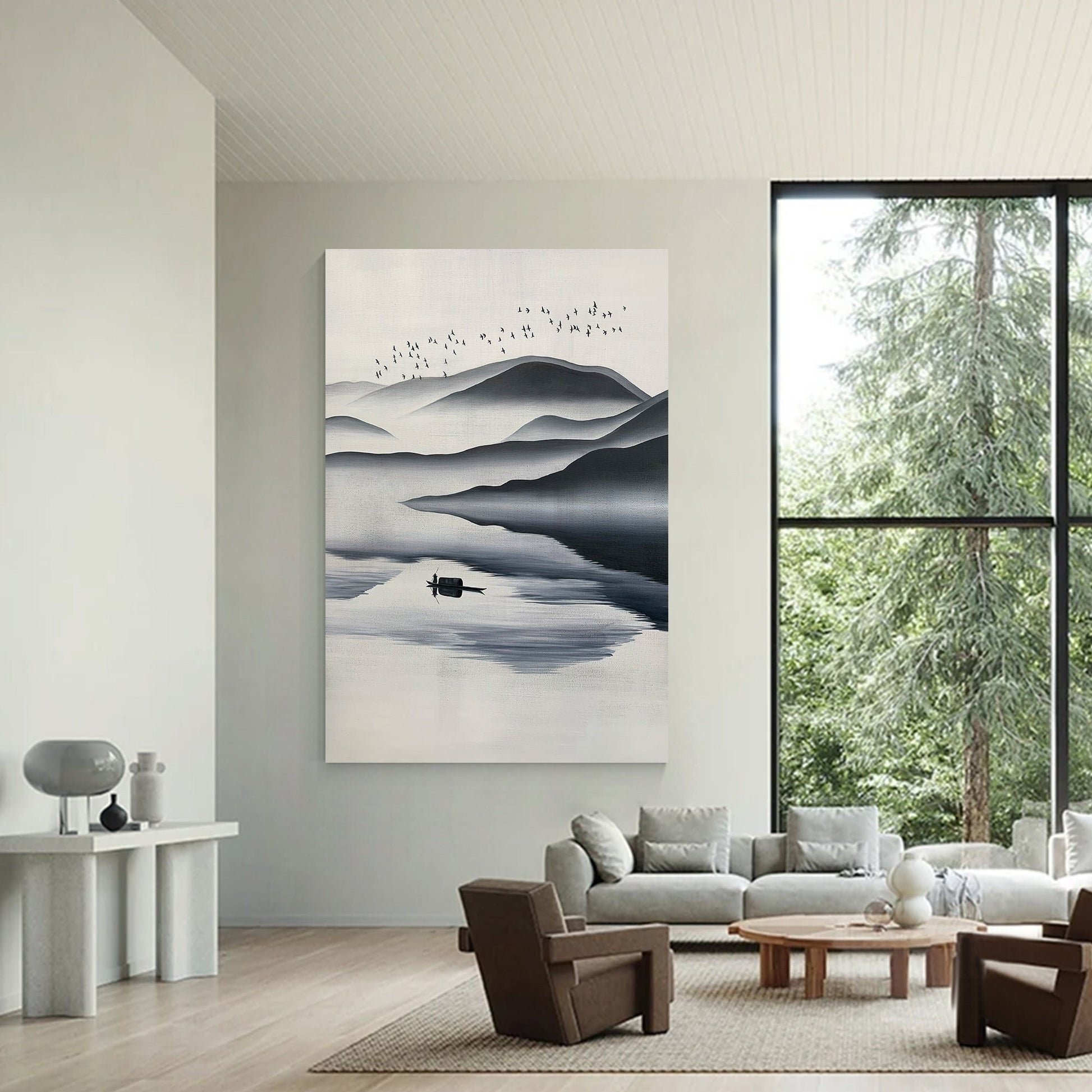 Black and White Watercolor Mountain Painting: Extra Large Canvas Wall Art #1