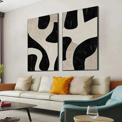 BLACK & BEIGE ABSTRACT DIPTYCH: Abstract Painting Set of 2, Vertical Wall Art | gold frame stretched on neutral wall
