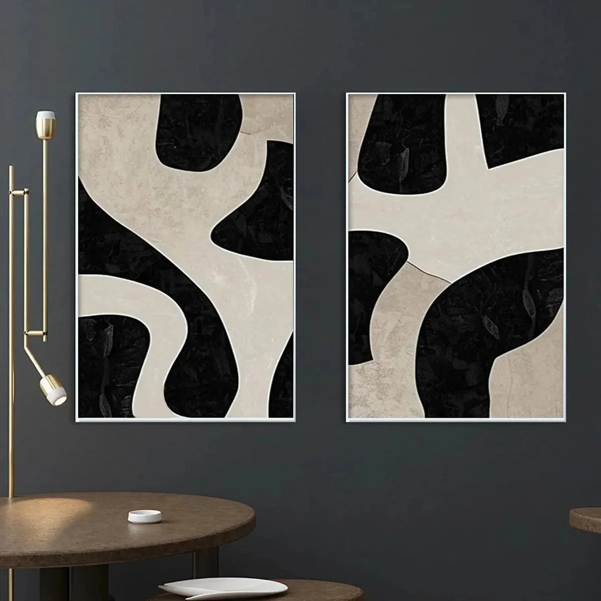 BLACK & BEIGE ABSTRACT DIPTYCH: Abstract Painting Set of 2, Vertical Wall Art | rolled canvas, ready for custom framing