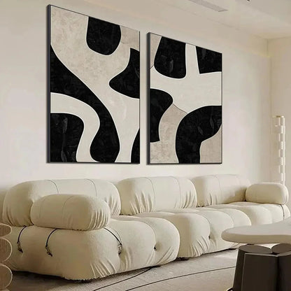 BLACK & BEIGE ABSTRACT DIPTYCH: Abstract Painting Set of 2, Vertical Wall Art | black frame version on white wall