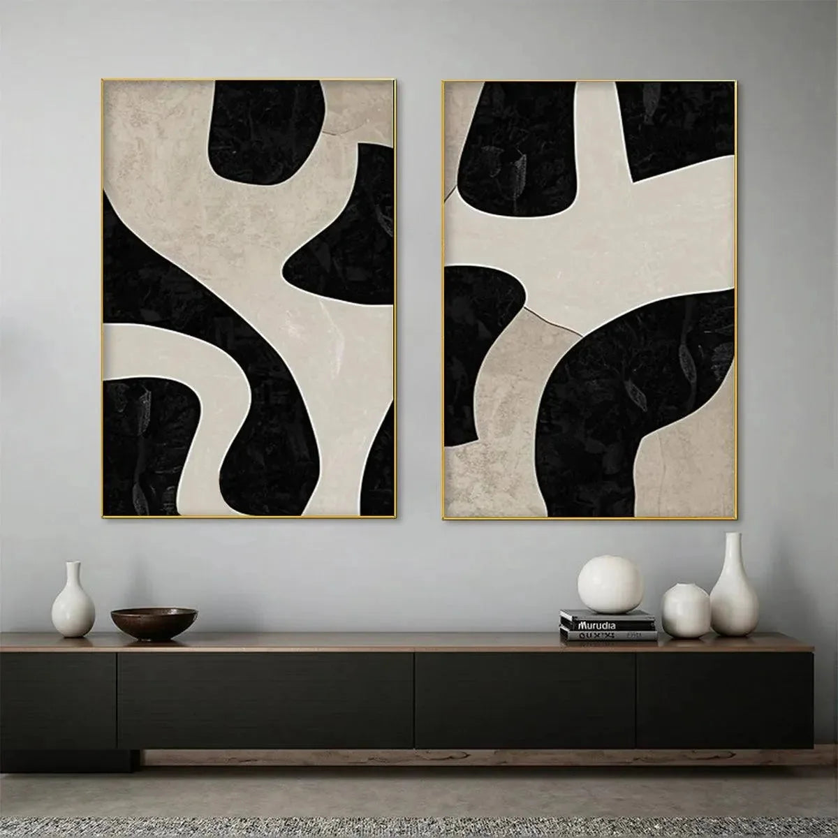 BLACK & BEIGE ABSTRACT DIPTYCH: Abstract Painting Set of 2, Vertical Wall Art | Abstract mood, soft natural light studio shot