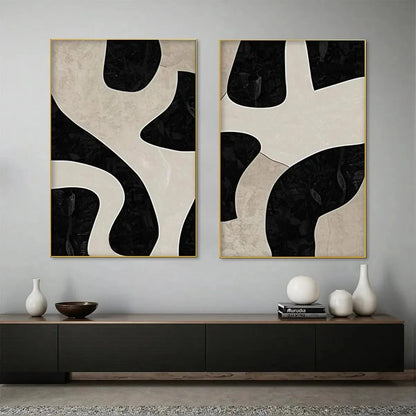 BLACK & BEIGE ABSTRACT DIPTYCH: Abstract Painting Set of 2, Vertical Wall Art | Abstract mood, soft natural light studio shot