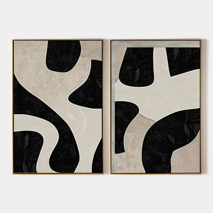 BLACK & BEIGE ABSTRACT DIPTYCH: Abstract Painting Set of 2, Vertical Wall Art | hanging in Set of 2 vertical black and beige abstract oil paintings; refined minimalist composition with bold palette...