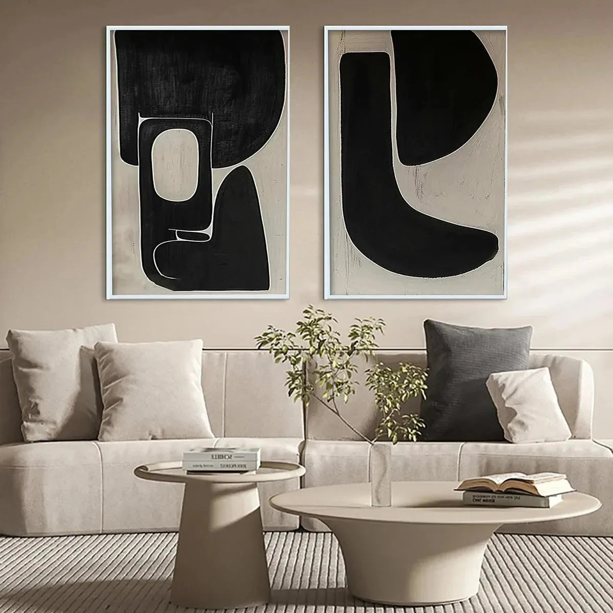 BLACK & BEIGE ABSTRACT DIPTYCH II: Abstract Painting Set of 2, Vertical Wall Art | Abstract closeup, raised brushwork detail