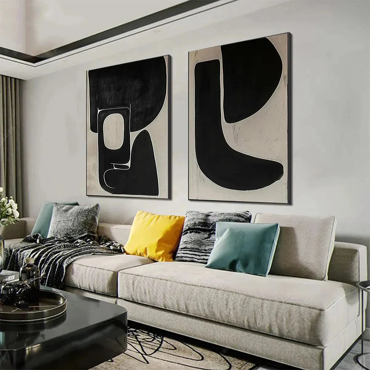 BLACK & BEIGE ABSTRACT DIPTYCH II: Abstract Painting Set of 2, Vertical Wall Art | gold frame stretched on neutral wall