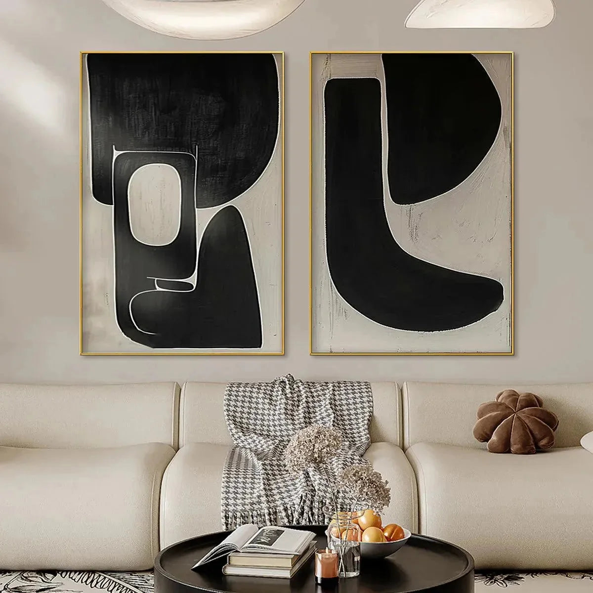 BLACK & BEIGE ABSTRACT DIPTYCH II: Abstract Painting Set of 2, Vertical Wall Art | rolled canvas, ready for custom framing