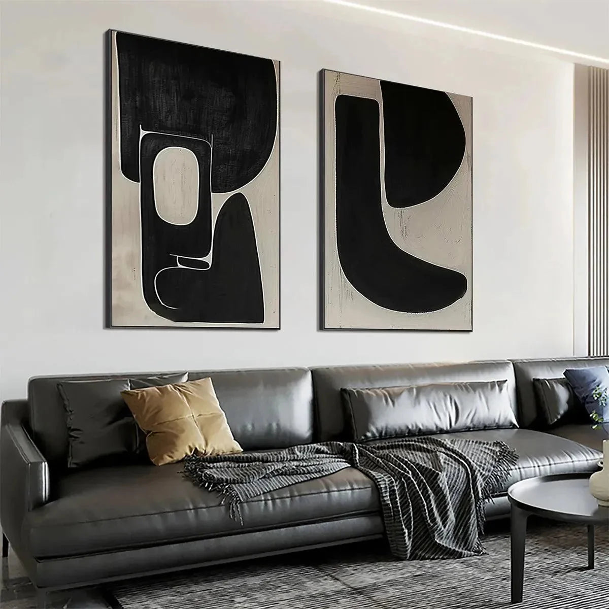 BLACK & BEIGE ABSTRACT DIPTYCH II: Abstract Painting Set of 2, Vertical Wall Art | beige palette, original Hand-painted on premium stretched canvas with artist-grade oils; rich layered surface crea...