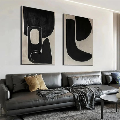 BLACK & BEIGE ABSTRACT DIPTYCH II: Abstract Painting Set of 2, Vertical Wall Art | beige palette, original Hand-painted on premium stretched canvas with artist-grade oils; rich layered surface crea...