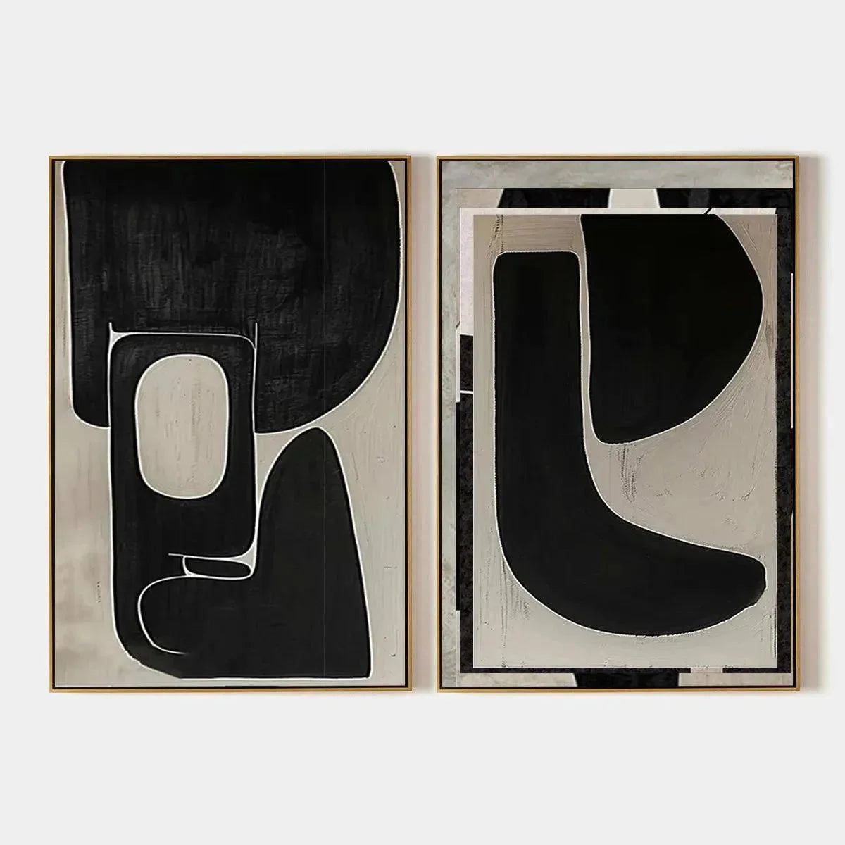 BLACK & BEIGE ABSTRACT DIPTYCH II: Abstract Painting Set of 2, Vertical Wall Art | hanging in Set of 2 vertical black and beige abstract oil paintings; bold minimalist composition with refined pale...