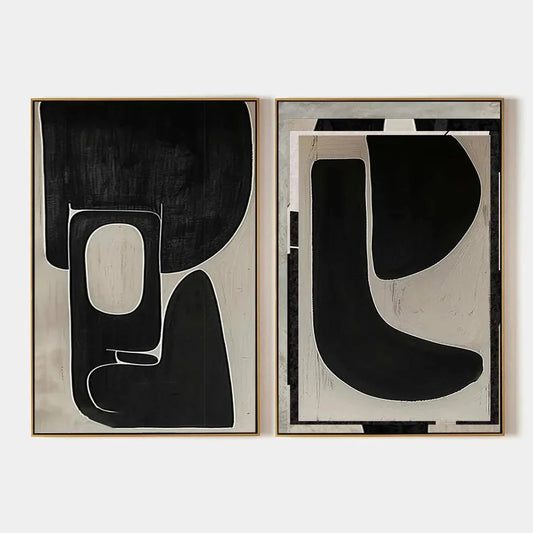 BLACK & BEIGE ABSTRACT DIPTYCH II: Abstract Painting Set of 2, Vertical Wall Art | hanging in Set of 2 vertical black and beige abstract oil paintings; bold minimalist composition with refined pale...