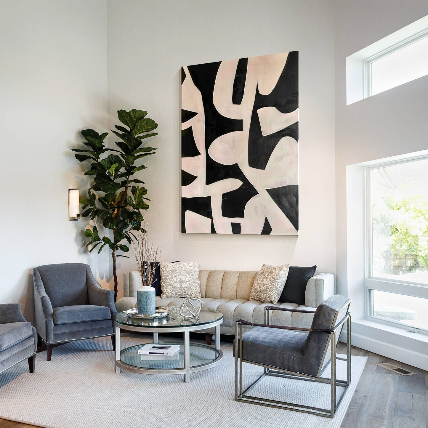 Black Beige Geometric Texture Art: Extra Large Framed Canvas Painting #2