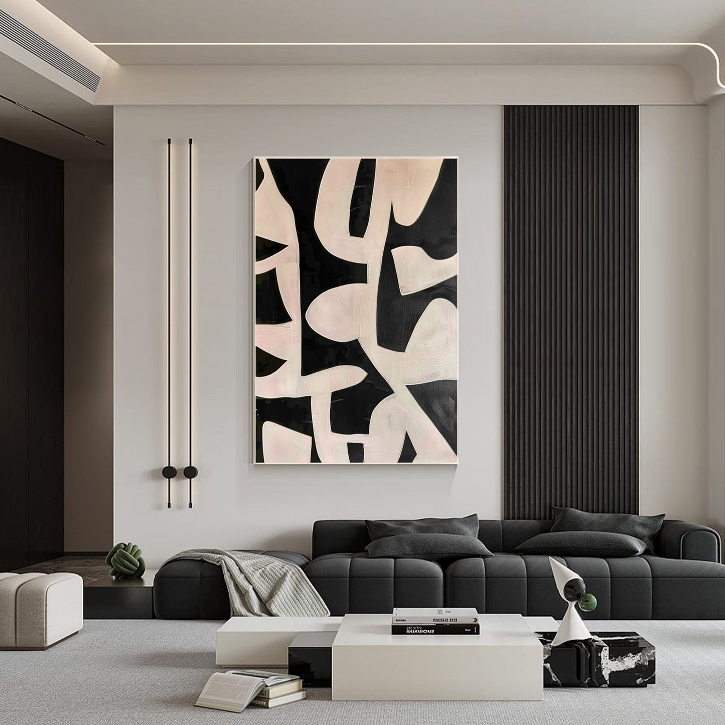 Black Beige Geometric Texture Art: Extra Large Framed Canvas Painting #3