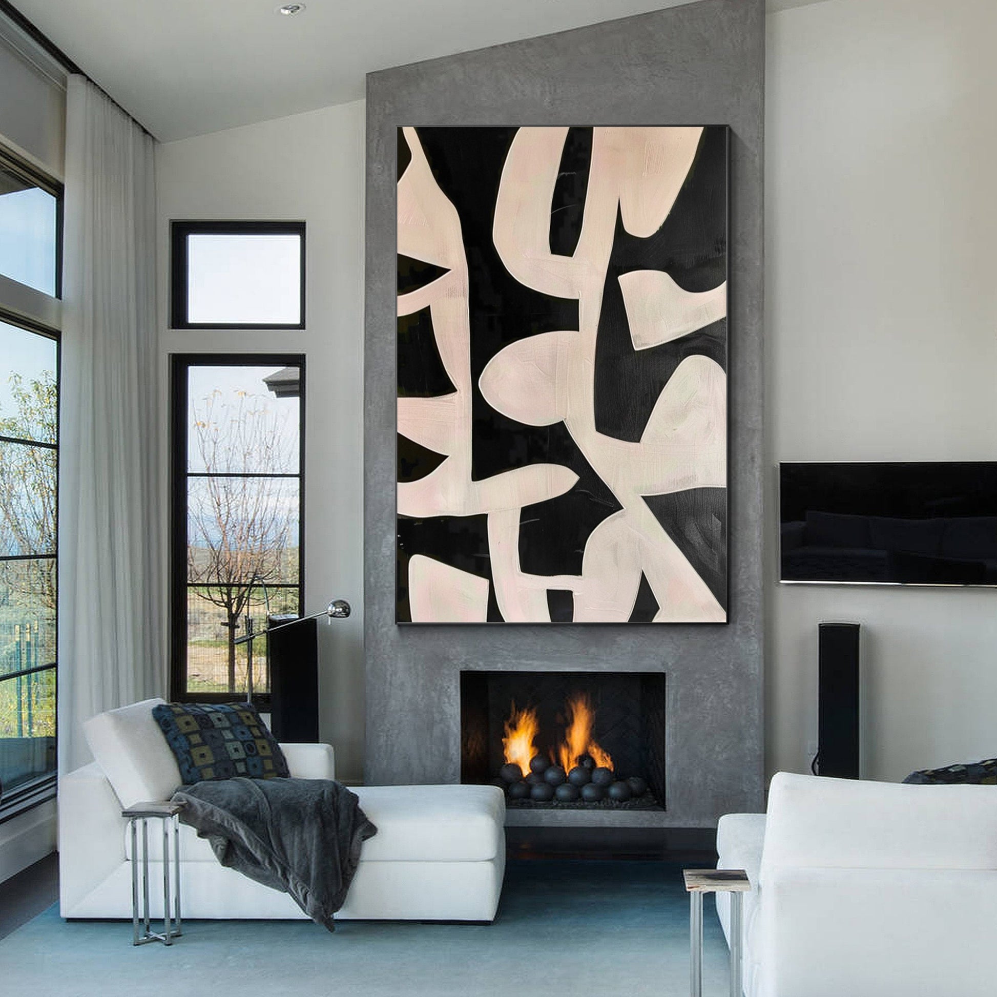 Black Beige Geometric Texture Art: Extra Large Framed Canvas Painting #4
