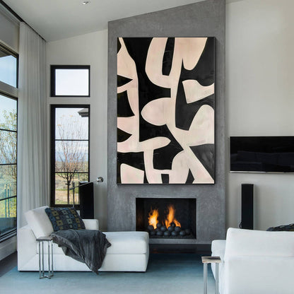 Black Beige Geometric Texture Art: Extra Large Framed Canvas Painting #4