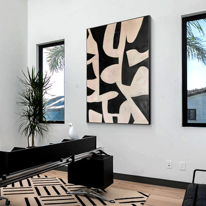 Black Beige Geometric Texture Art: Extra Large Framed Canvas Painting #1