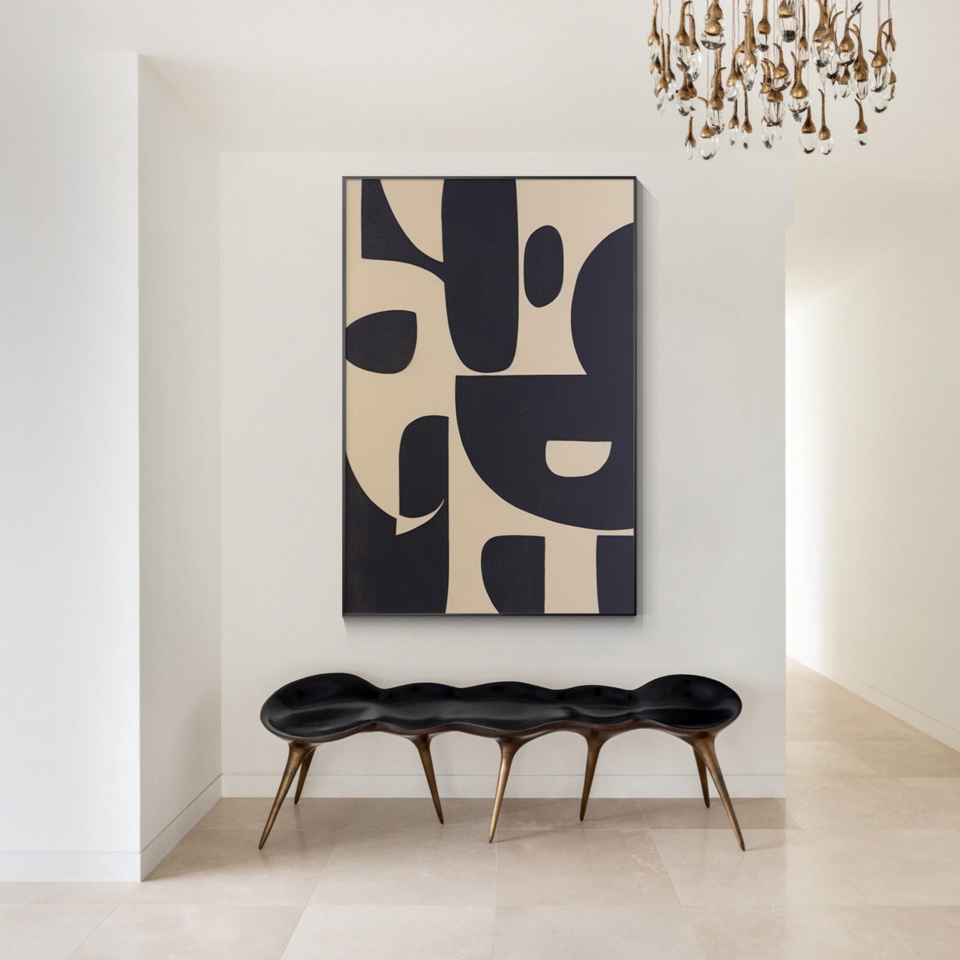 Black Beige Geometric Texture Art: Extra Large Minimalist Canvas Painting #3
