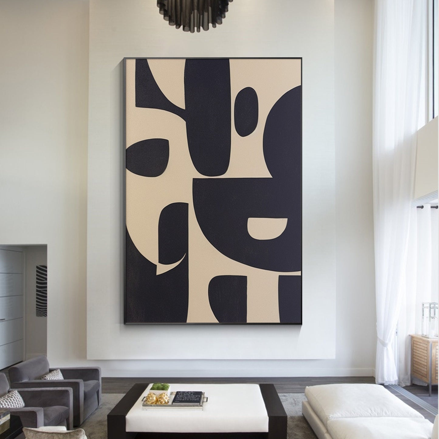 Black Beige Geometric Texture Art: Extra Large Minimalist Canvas Painting #4