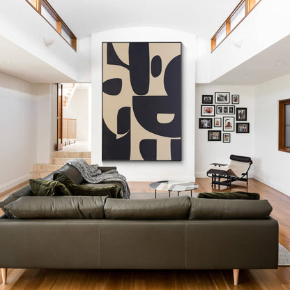 Black Beige Geometric Texture Art: Extra Large Minimalist Canvas Painting #5