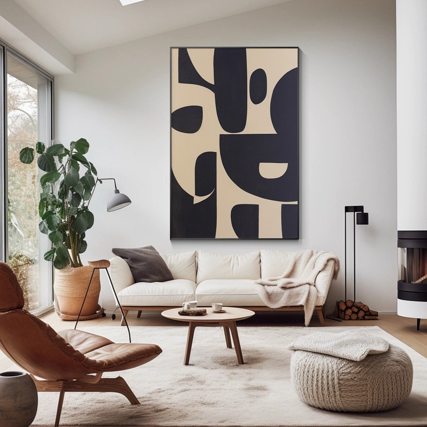 Black Beige Geometric Texture Art: Extra Large Minimalist Canvas Painting #1